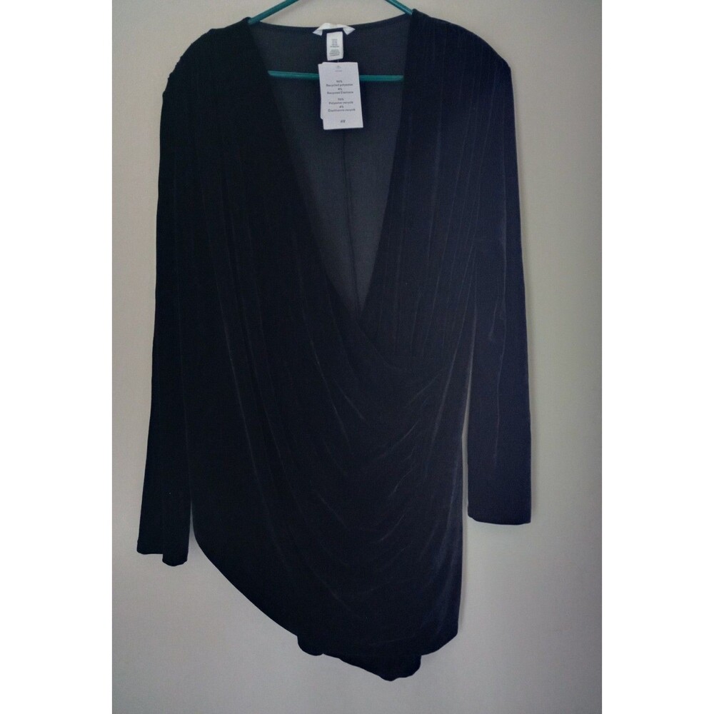 NWT H&M Black Velvet Draped V-Neck Long Sleeve Dress Size XL